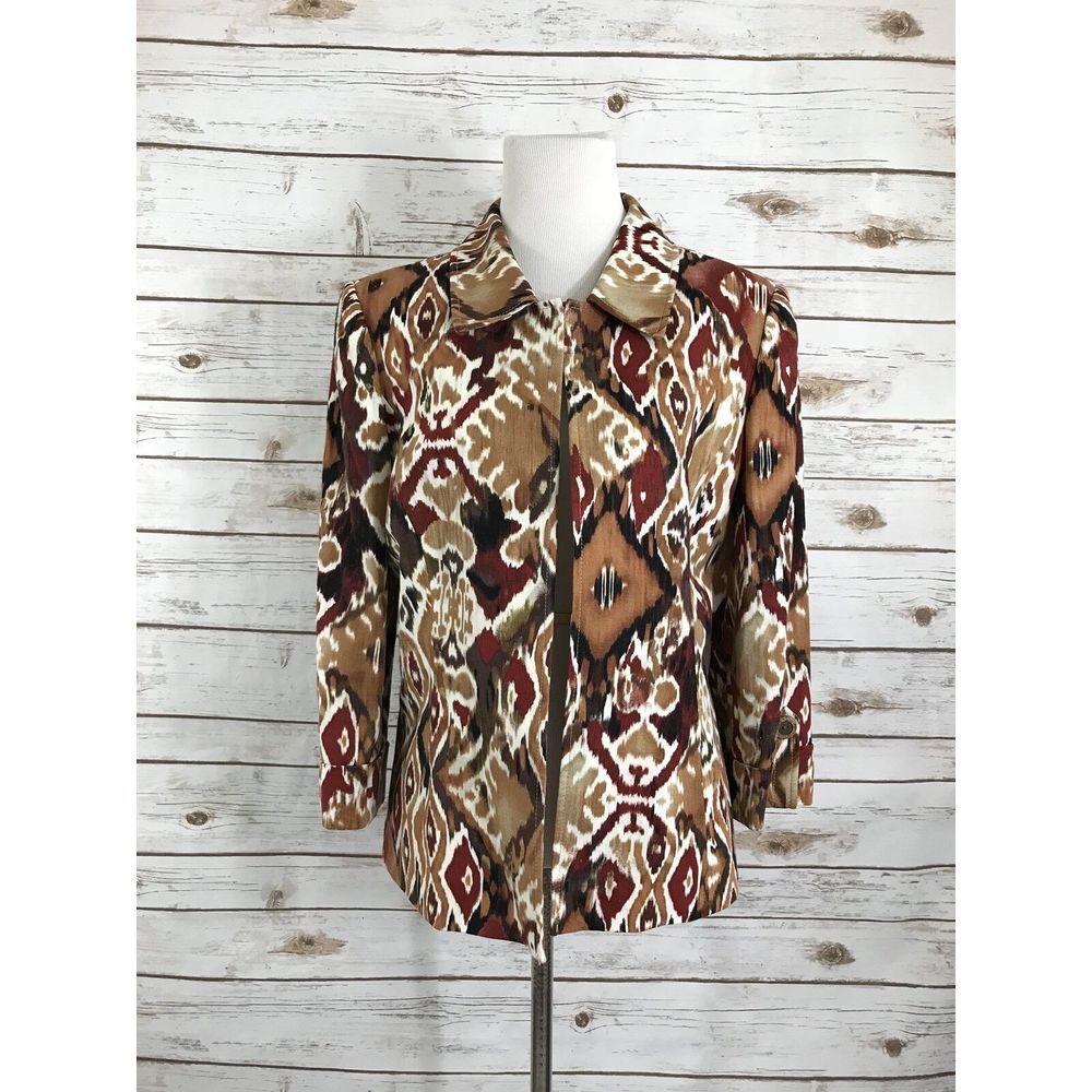 TAHARI ARTHUR S LEVINE‎ linen Ikat PRINT BLAZER 12P Brown artsy mature